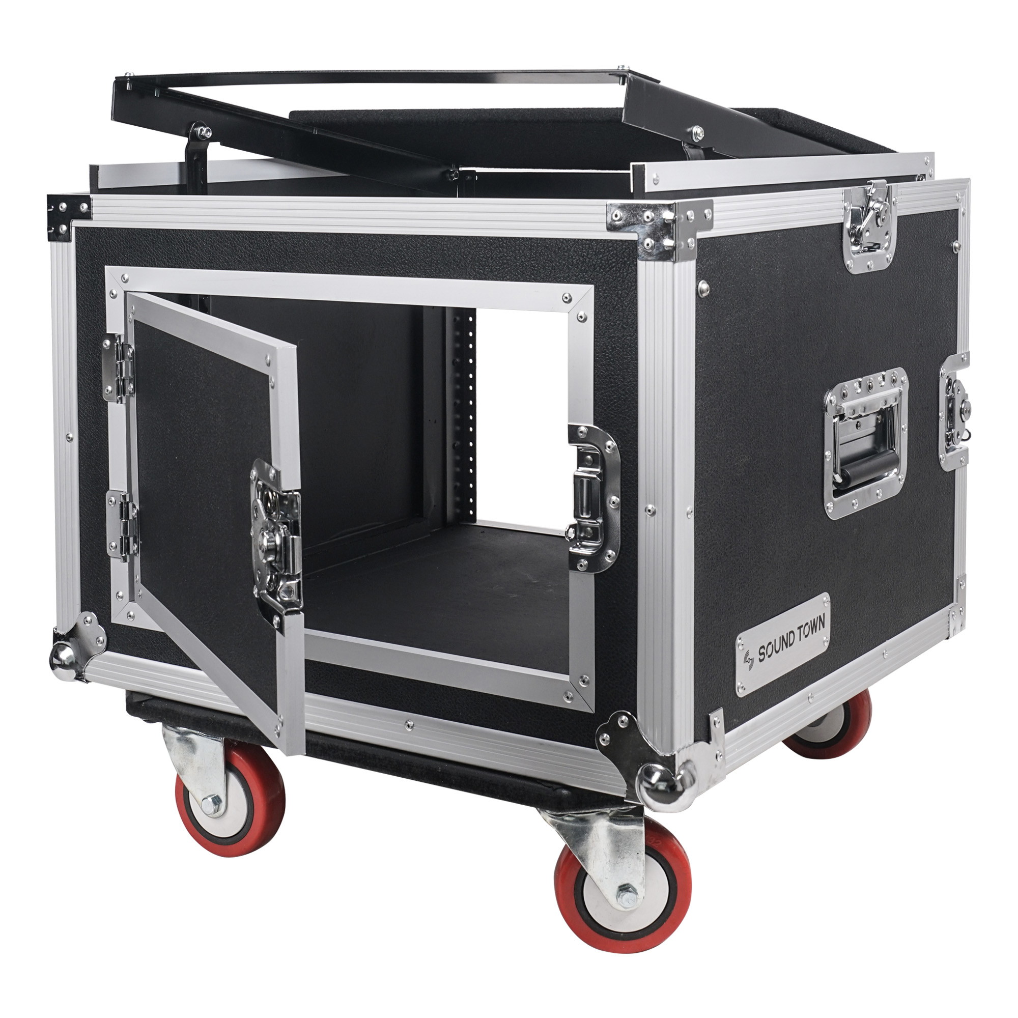 Sound Town Shock Mount 8U ATA Rack Case with 20&rdquo; Rackable Depth, 11U Slant Mixer Top and Casters, 8-Space Size (STMR-SP8UW)