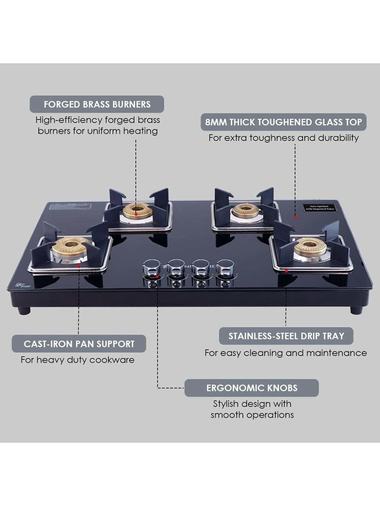 Wonderchef Octavia 4 Burner 8mm Toughened Glass Top Auto Cooktop with Forged Brass Burners (Black)