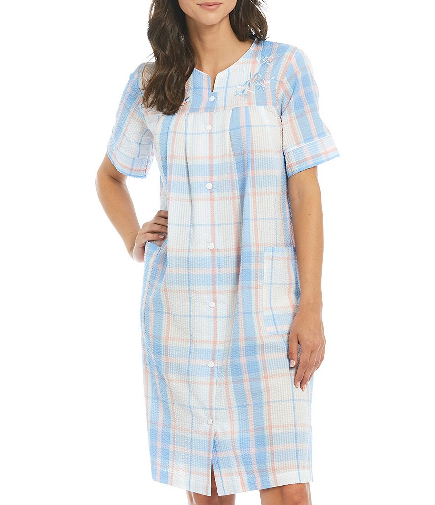 Miss Elaine Seersucker Plaid Printed Short Grip-Front Robe