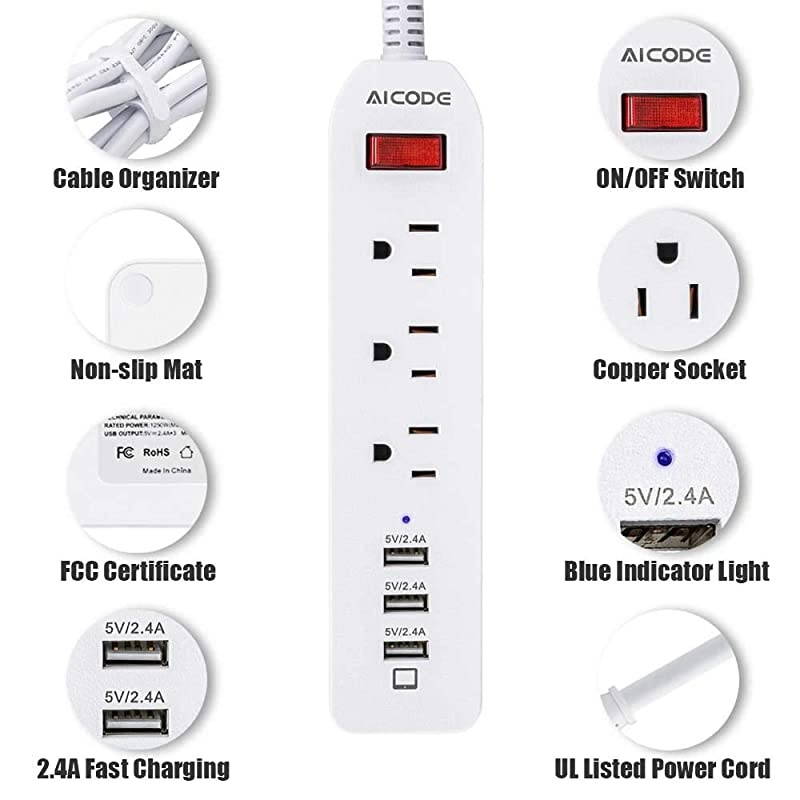 Power Strip USB 3 USB Ports5V24Ax3 with 3 AC OutletsPower Outlet with USB Charger5ft Heavy Duty Extension Cord for PC Tablets Phones Desktop Home Office SchoolCruiseWhite by