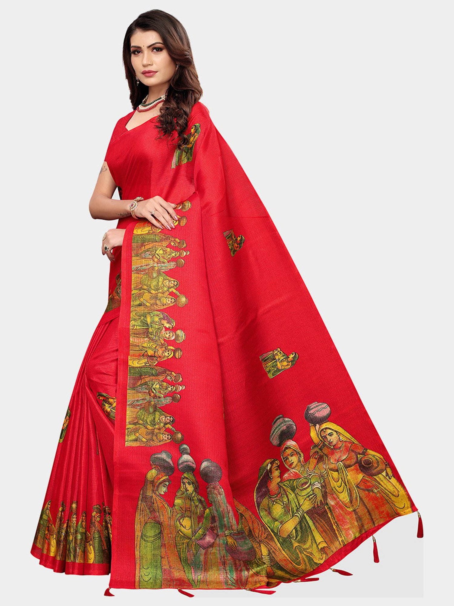 KSUT Red Printed Saree With Blouse