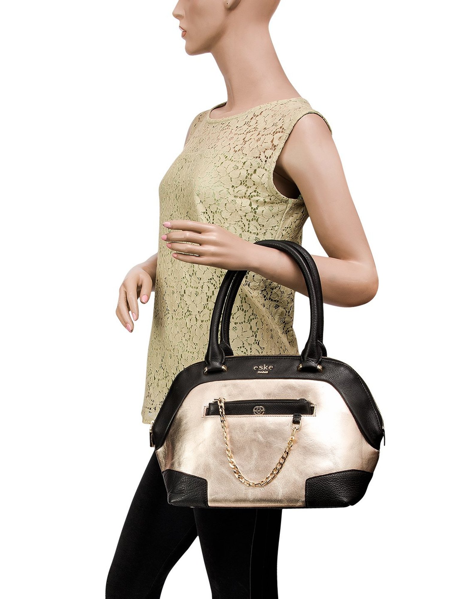 Eske Feya Black & Golden Color Block Medium Handbag