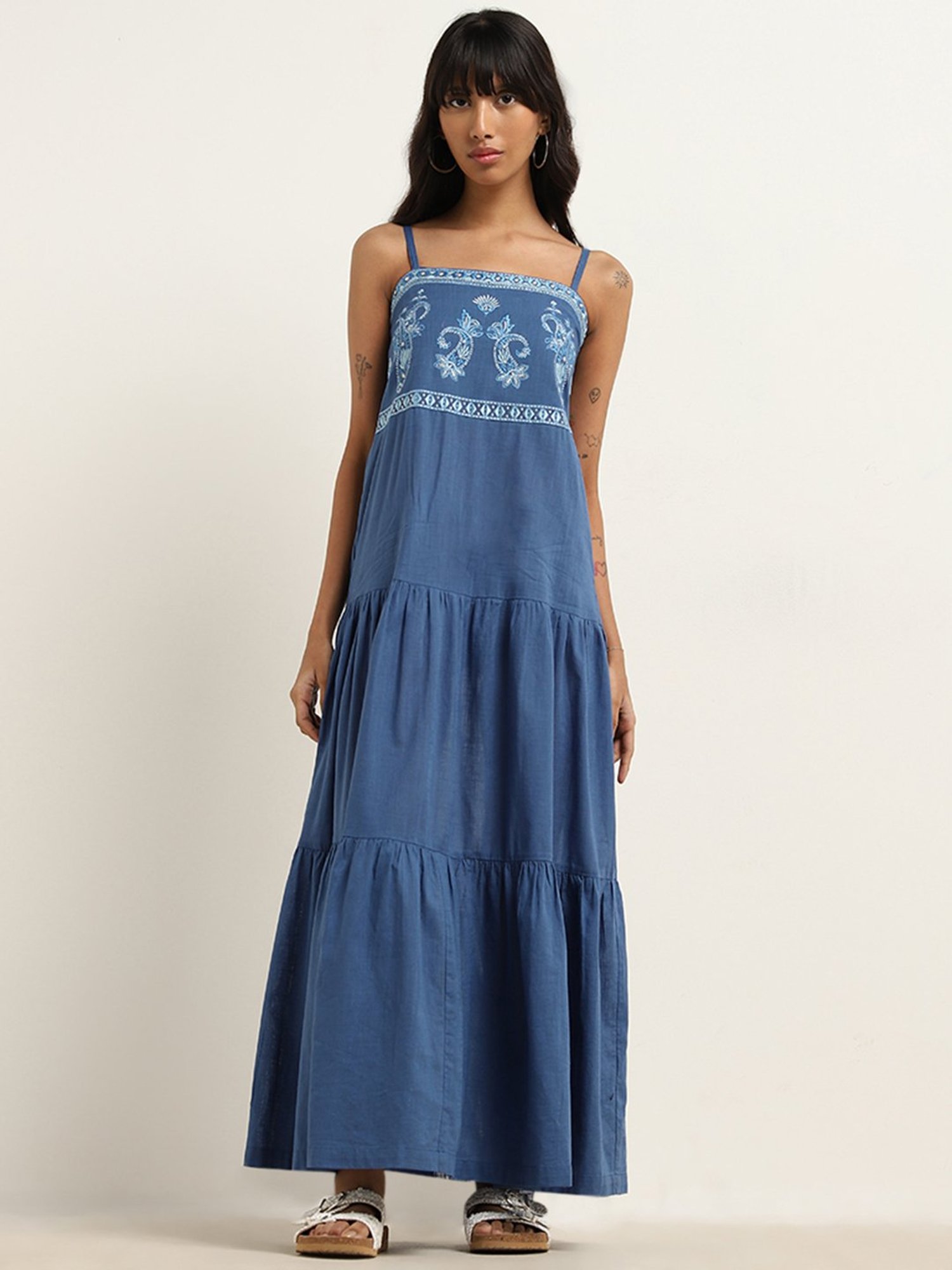 Bombay Paisley by Westside Dark Blue Paisley Tiered Cotton Dress