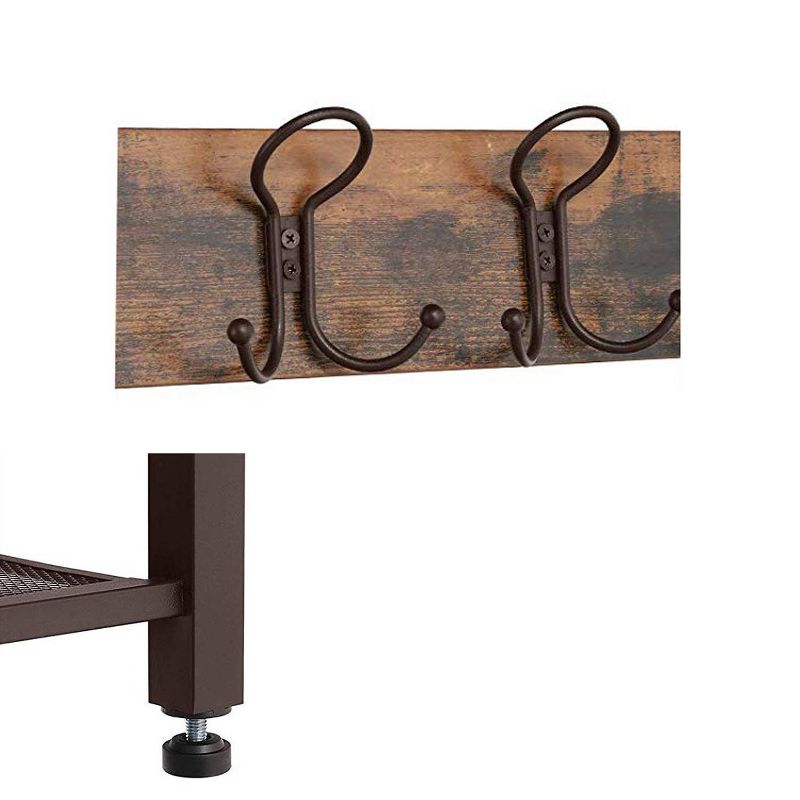 Metal Framed Coat Rack with Wooden Bench and Two Mesh Shelves Brown and Black - Benzara