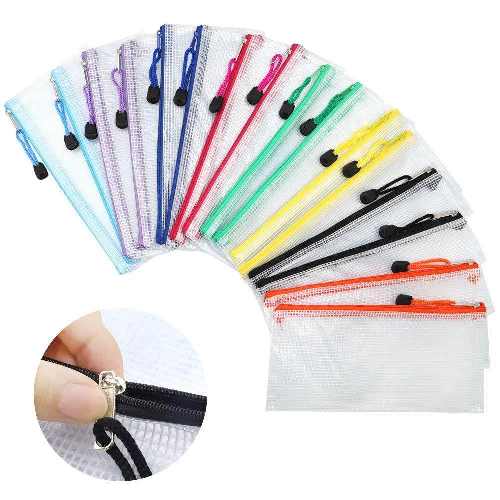 JPSOR Zipper File Bags, 16pcs 8 Color PVC Mesh Document Pouches Bills Bag Pencil Case, Office Supplies, Travel Storage Bags