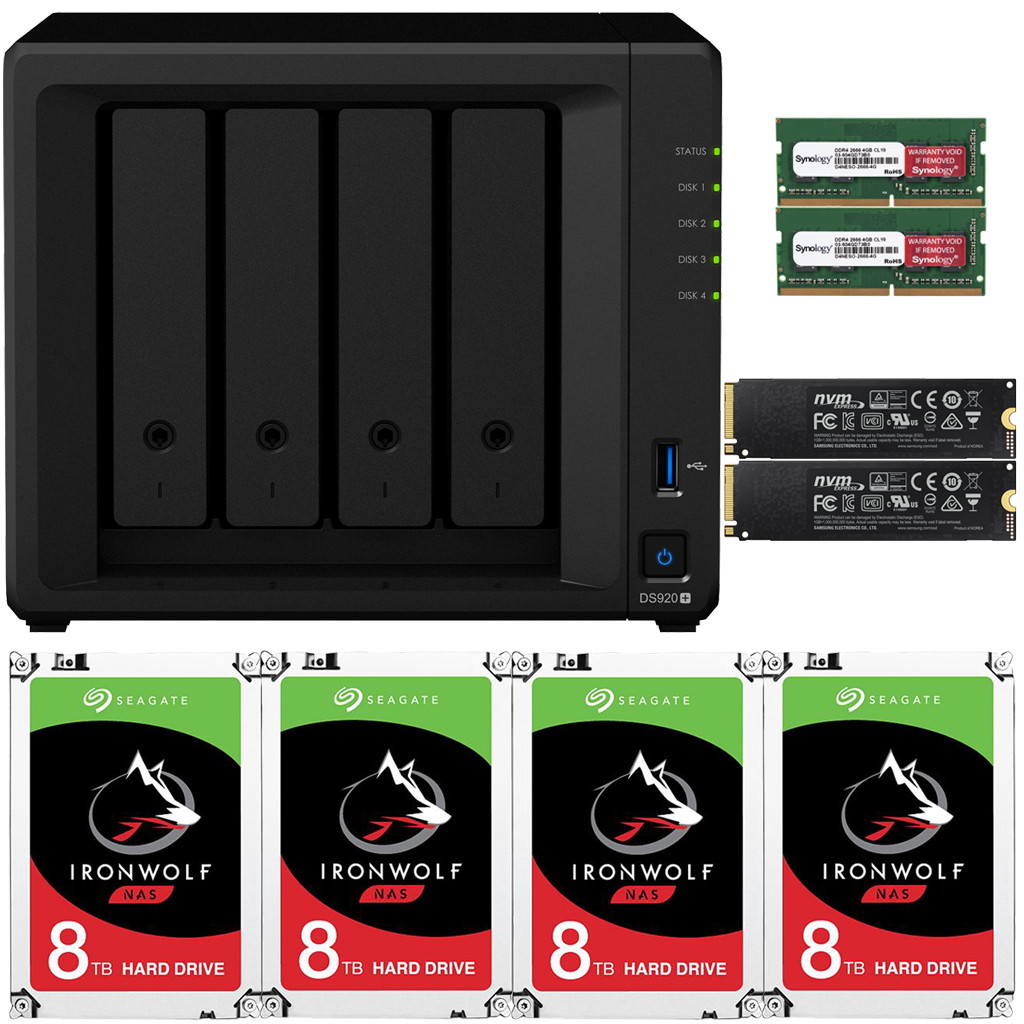 Synology DS920+ DiskStation with 4GB RAM and 24TB (4 x 6TB) of Seagate Ironwolf NAS Drives and 2TB (2x1TB) NVMe Cache Fully Assembled and Tested By CustomTechSales
