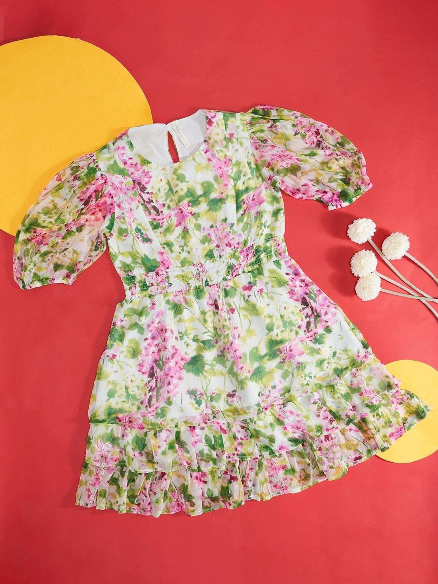 Pantaloons Junior Green & Pink Cotton Floral Print Dress