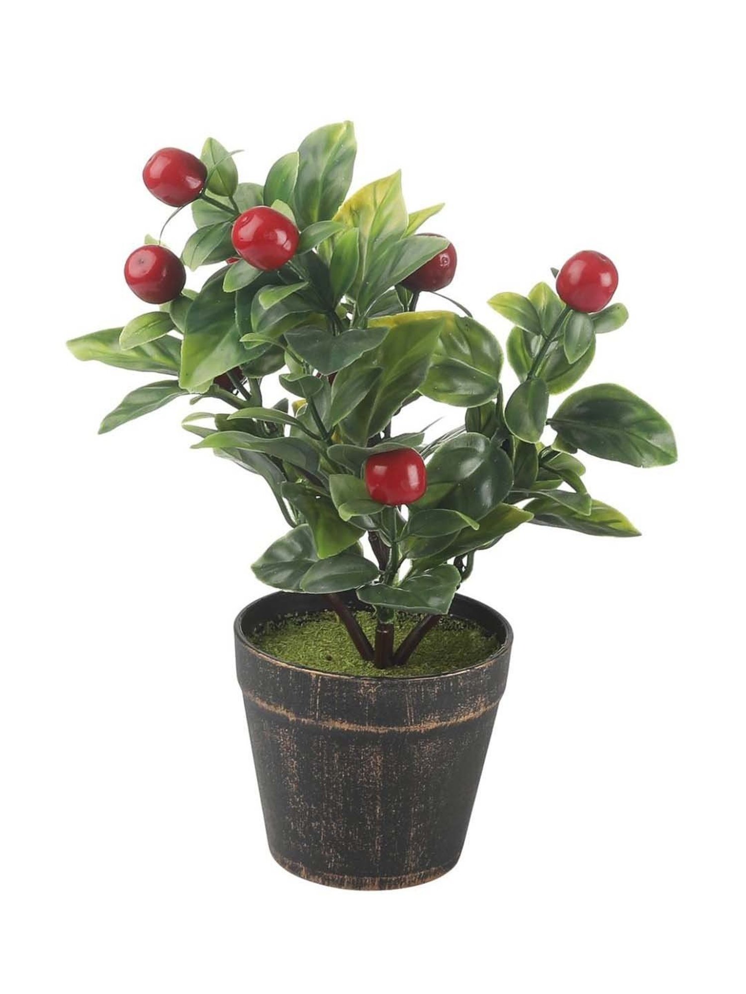 Foliyaj Green & Red Plastic Artificial Cherry Bonsai Tree With Pot