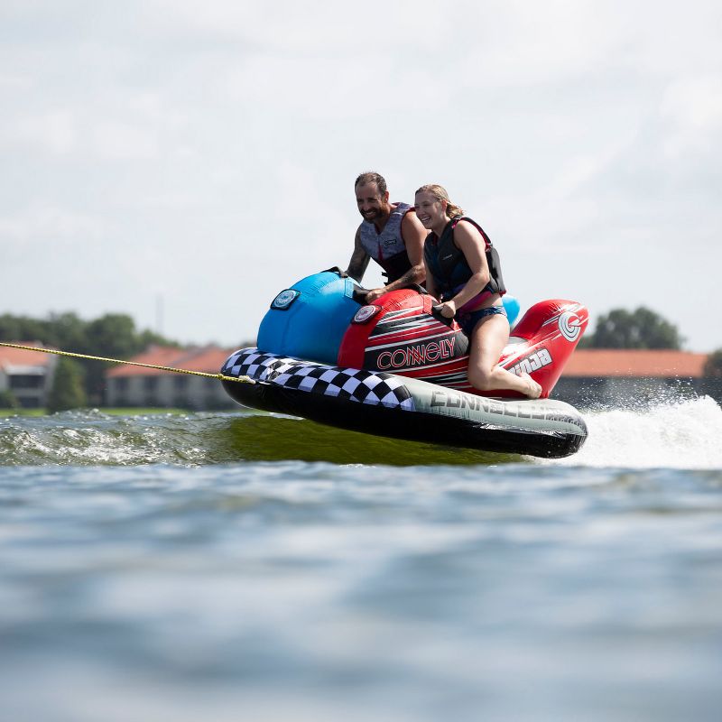 CWB Connelly Ninja 2 Person Saddle Seat Double Jet Ski Inflatable Pull Behind Boat Towable Water Inner Tubing Tube, Blue/Red