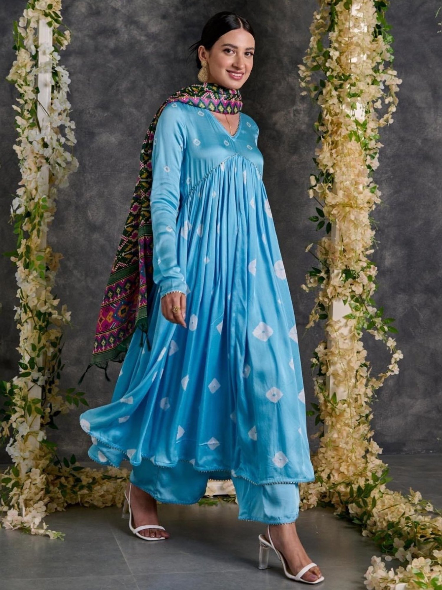 Gulaal Blue Bandhani Anarkali Modal Satin Kurta and Flared Pant with Dupatta