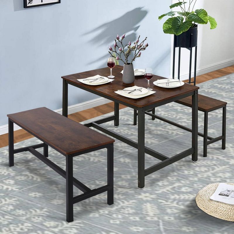Set of 2 Wooden Top Indoor Bench with Metal Legs Brown/Black - Benzara