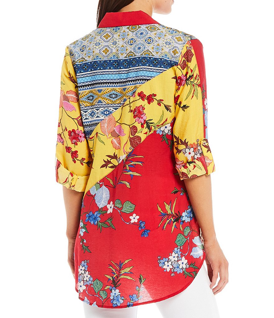 Calessa Petite Size Patchwork Print Embroidery Detail Collared Button Front Shirt