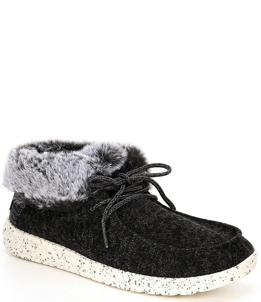 Hey Dude Women's Britt Canvas Faux-Fur Trim Lace-Up Booties