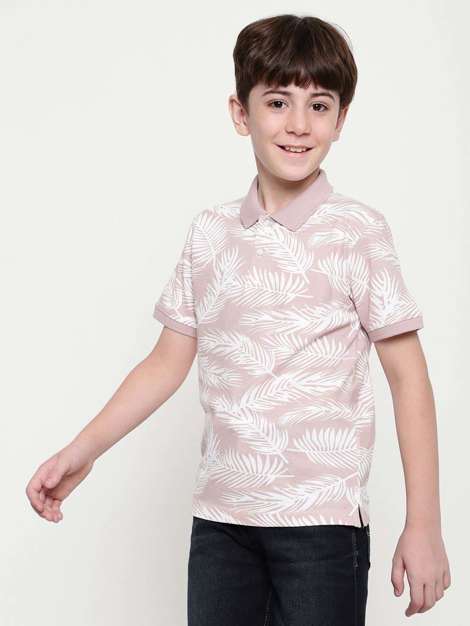 Octave Kids Suede Pink Cotton Floral Print Polo T-Shirt