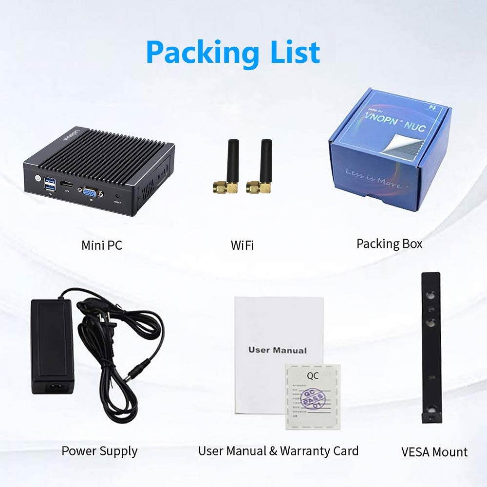 Vnopn Fanless Mini PC Intel Celeron N2940 Quad-core Small Computer with Windows 10 Pro License, 8G RAM 128G SSD, 4X Intel Gigabit NIC Firewall/USB 3.0/WiFi/HDMI/VGA, Auto Power on/Wake on LAN