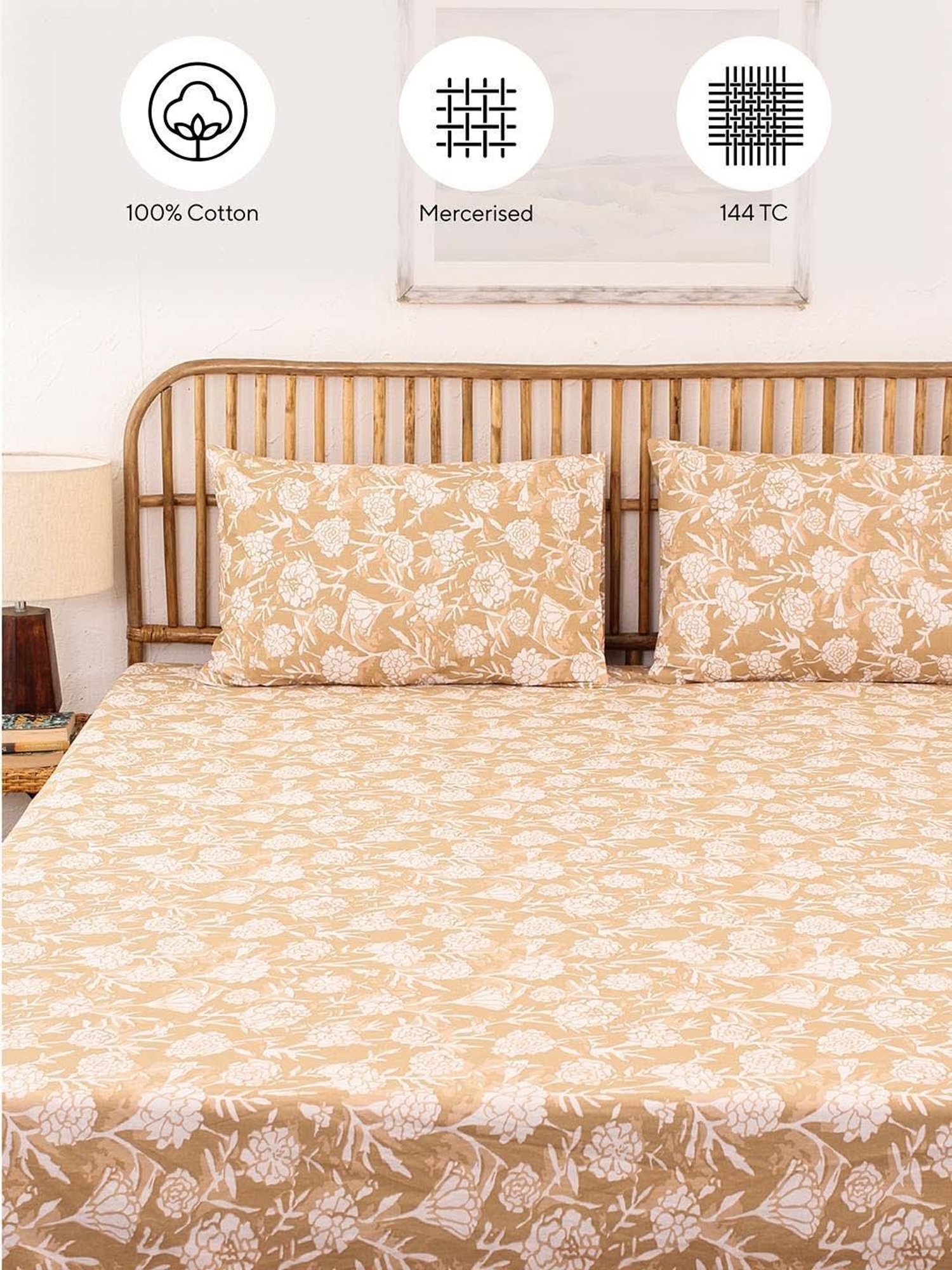 House This Genda Phool Beige 150 TC Cotton Fitted Bedsheet with 2 Pillow Covers