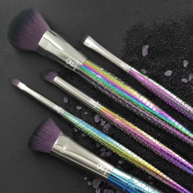 MODA Brush Mythical 6pc Dark Dragon Makeup Brush Set with Holographic Flip Case, Includes - Powder, Contour, Angle Shader, and Precision Lip Brushes