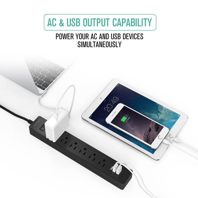 Nekteck 6-Outlet Power Strip Surge Protector with 3 USB Ports, 5-Foot Long Cord, Flat Plug, Ideal for Travel Accessories, Mobile Devices, Personal Electronics, Small Appliances and More