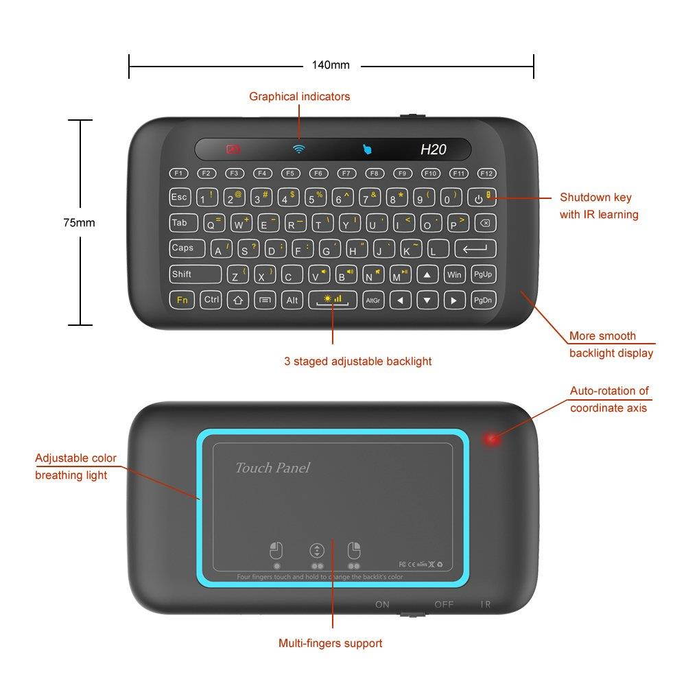 [2018 Updated] Dupad Story H20 2.4GHz Mini Wireless Keyboard with Remote Mouse Combo Backlit Multi-Touch Touchpad,USB Rechargeable for Android TV Box Windows PC, HTPC, IPTV, PC, Raspberry pi 3