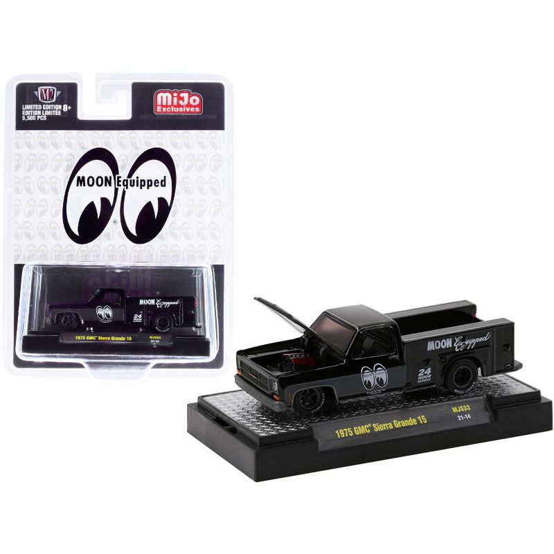 1975 GMC Sierra Grande 15 Service Bed Truck "24 Hours Service" Black "Moon Equipped" Ltd Ed 5500 pcs 1/64 Diecast by M2 Machines