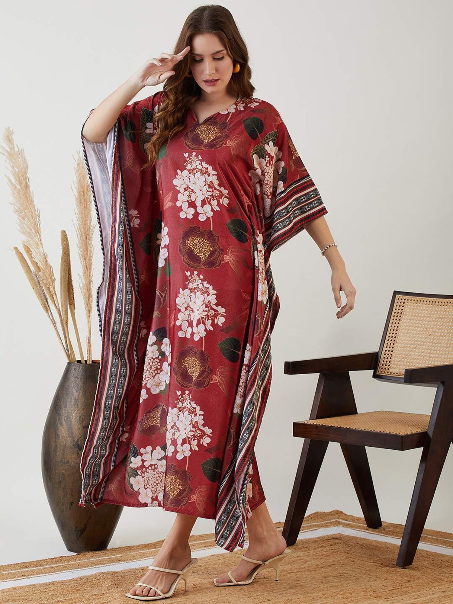 The Kaftan Company Maroon Printed Maxi Kaftan