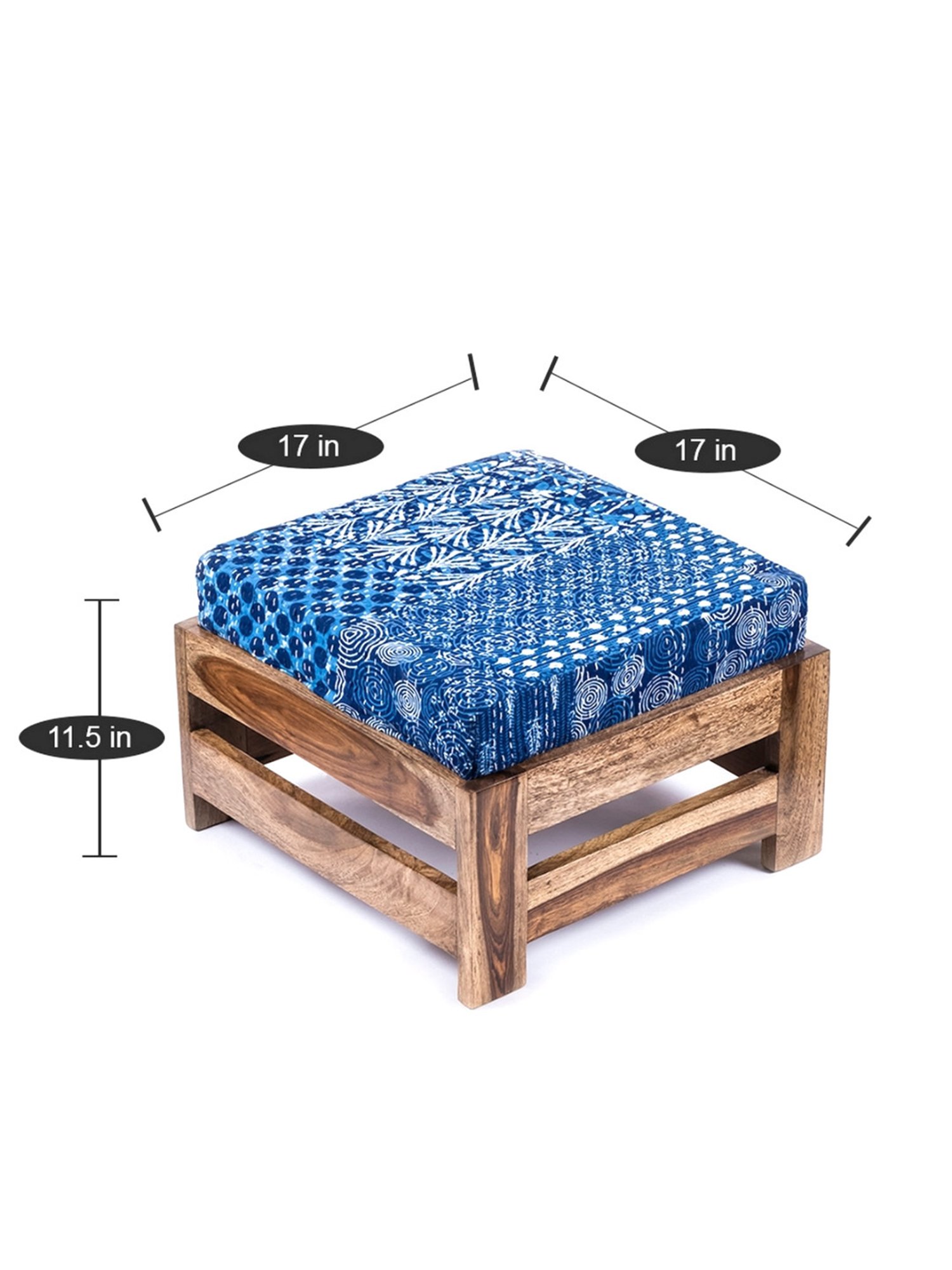 Ikiriya Amber Printed Blue & Brown Wood Foot Stool Teak Finish