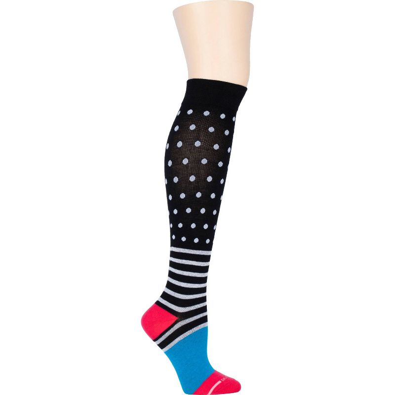 Dr. Motion Women's Mild Compression Dots Over Stripes Knee High Socks - Black/Blue/Pink 4-10