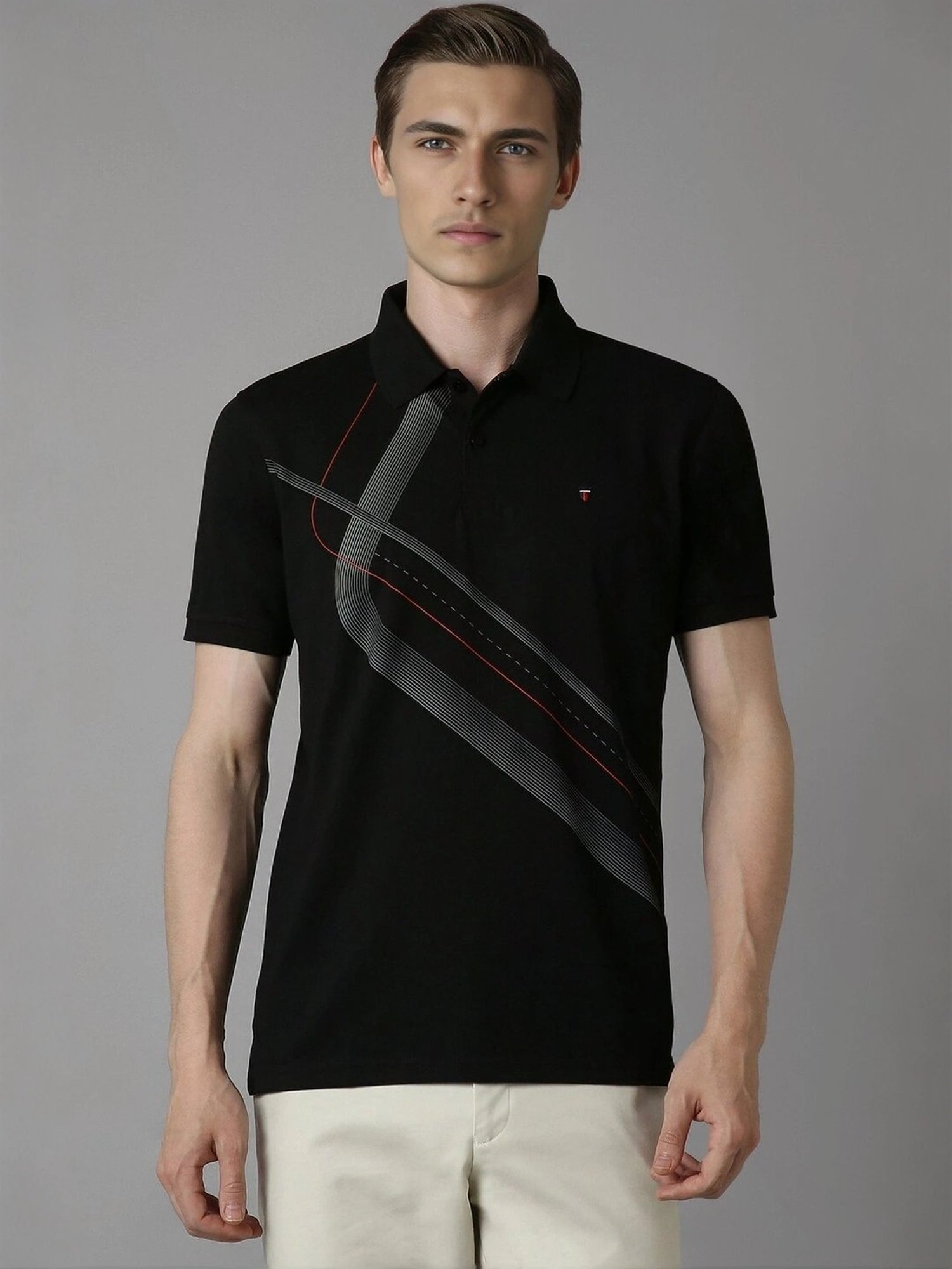 Louis Philippe Black Cotton Slim Fit Printed Polo T-Shirt