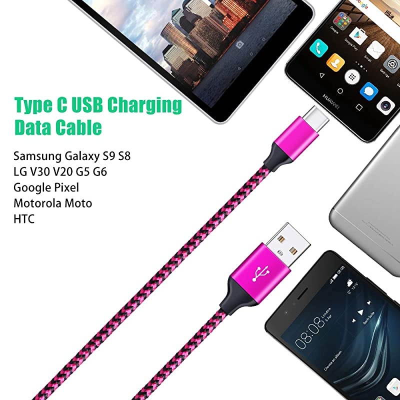 Type C Cable 3Pack 6FT Nylon Braided Phone Charger Cord Charging Cables Compatible for Samsung Galaxy S10 S9 S8 Plus Note 9 8 LG V50 V40 G6 Google Pixel Nexus 5X 6P Moto and More