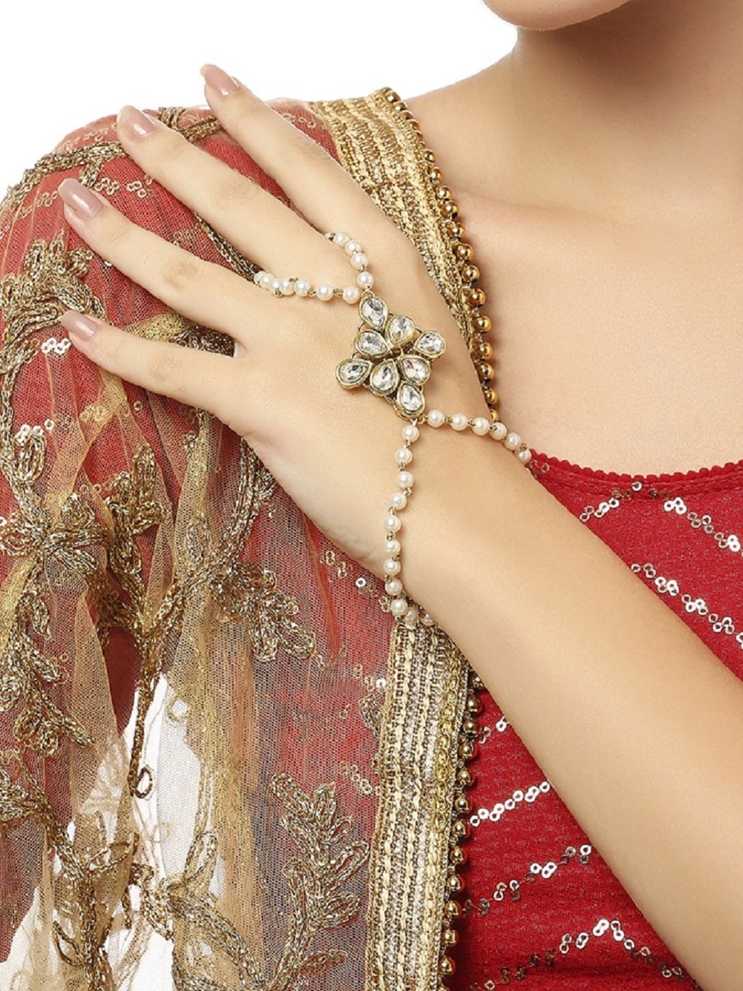Oomph Gold Tone Kundan & Pearls Hand Harness