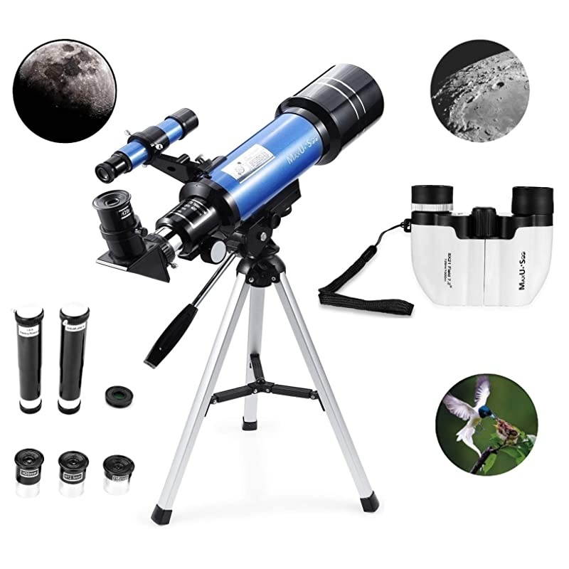 70mm Refractor Telescope + 8X21 Compact HD Binoculars for Kids and Astronomy Beginners, Travel Telescope for Moon Stars Viewing Bird Watching Sightseeing
