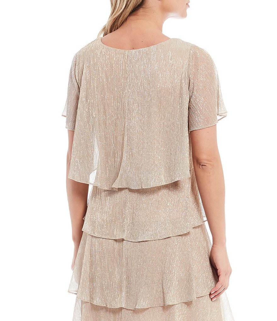 Ignite Evenings Shimmer Tiered Ruffle Scoop Neck Short Flutter Sleeve Dress