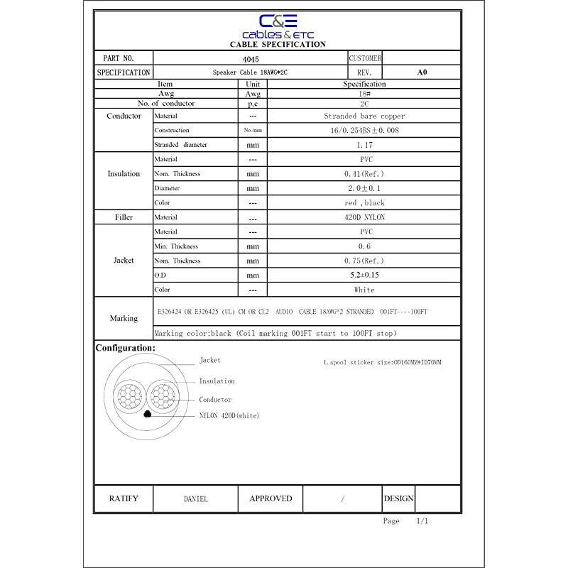 Feet 18AWG CL2 Rated 2Conductor Loud Speaker Cable for inWall Installation
