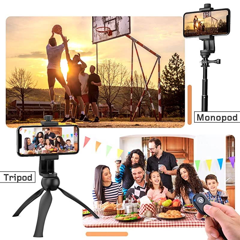 Phone Tripod Mount Adapter with Bluetooth Camera Remote Cell Phone Holder with Adjustable Clamp for Selfie Stick Monopod Compatible with iPhone Samsung and so on Wrist Strap Included