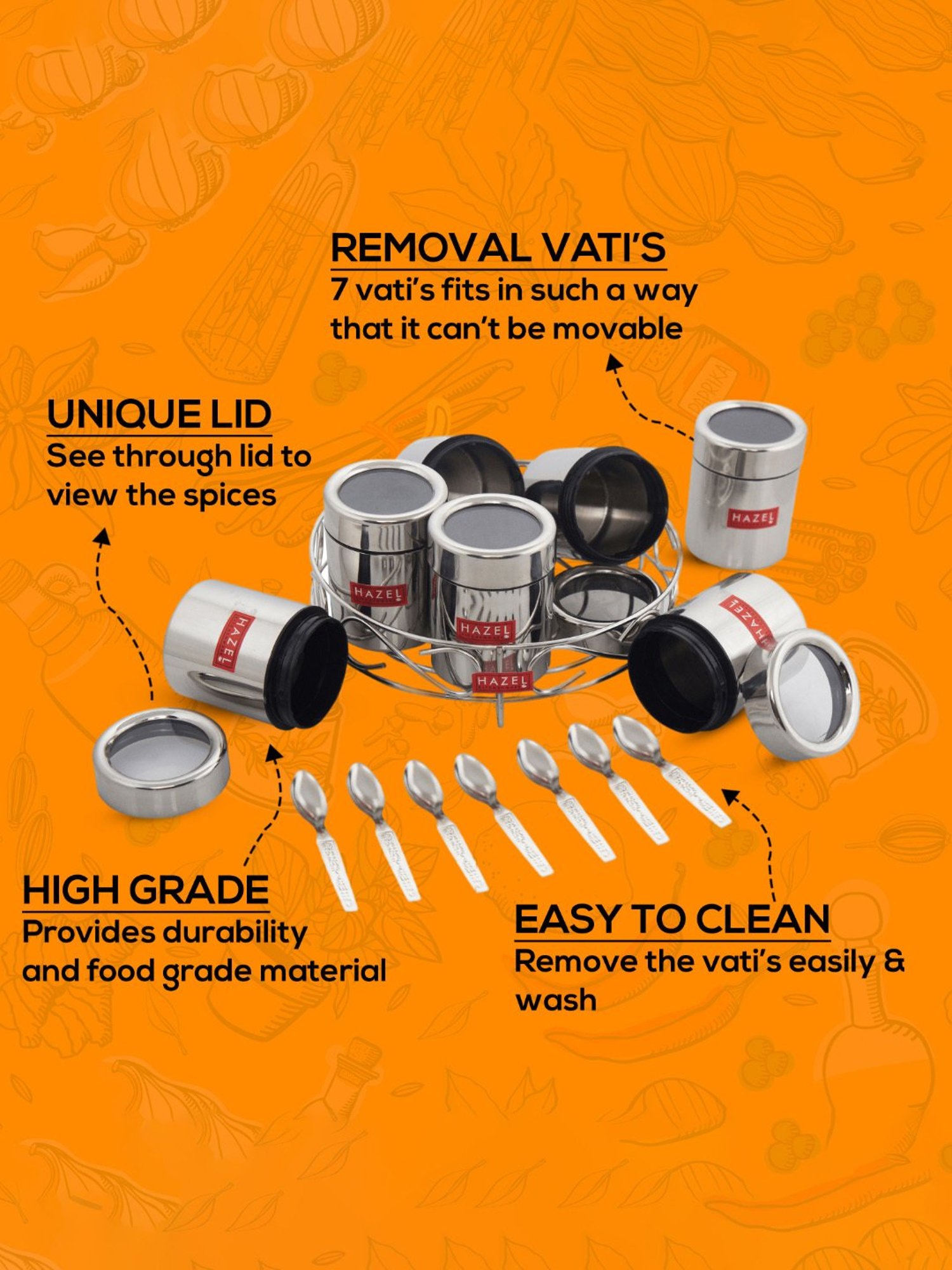 HAZEL Silver Stainless Steel Classic 7 in 1 Masala & Dry Fruit Container Stand with Lid (0.125L)