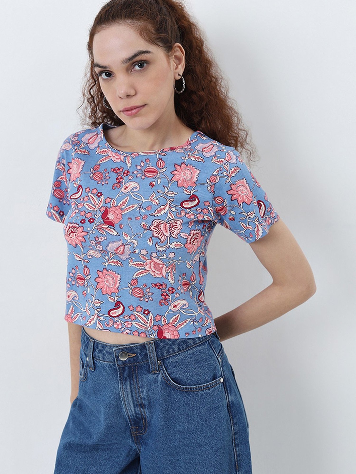 Bombay Paisley by Westside Blue Floral Printed Cotton Top
