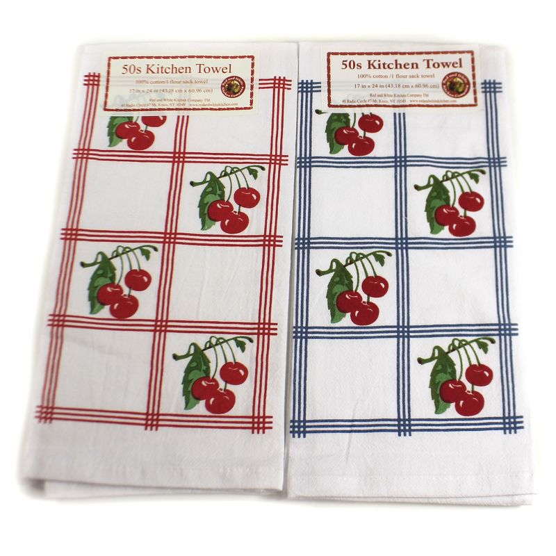 Tabletop 24.0" Country Cherries Towels Set/2 100 Cotton 50S Design Retro Red And White Kitchen Company  -  Kitchen Towel