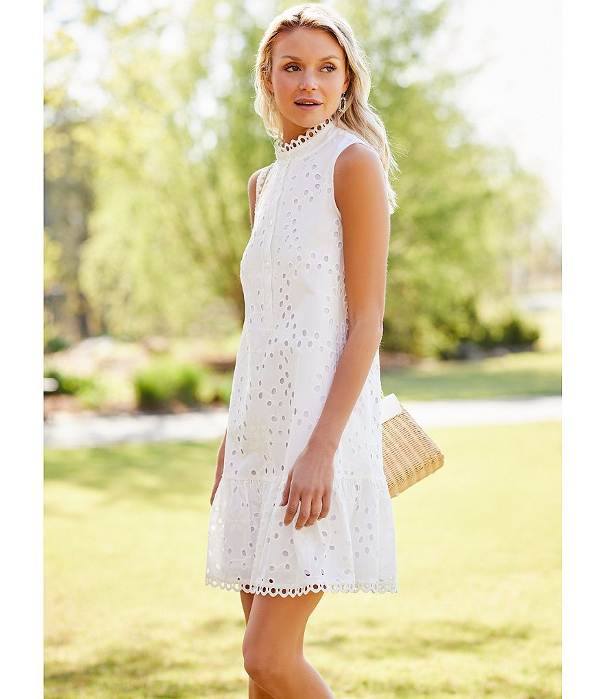 Eliza J Eyelet Ruffle Hem Sleeveless Button-front Mock Neck Dress