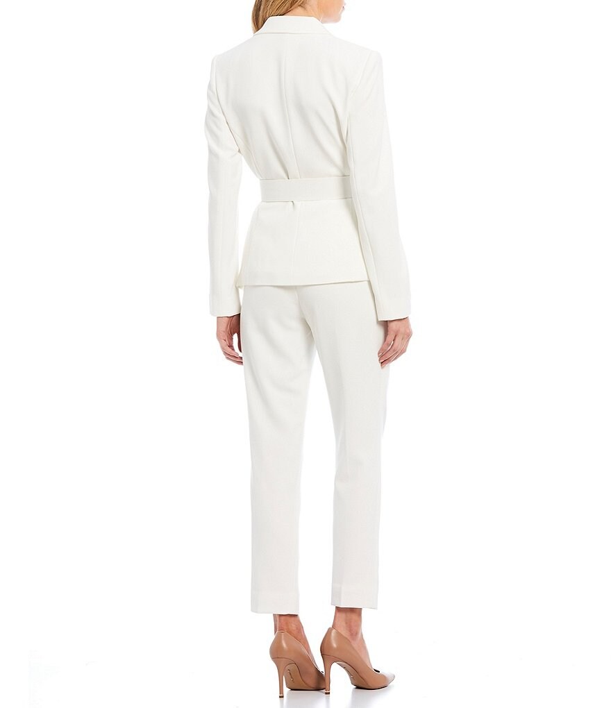 Tahari ASL Pebble Crepe Asymmetric Pleat Hem Belted Jacket 2-Piece Pant Suit