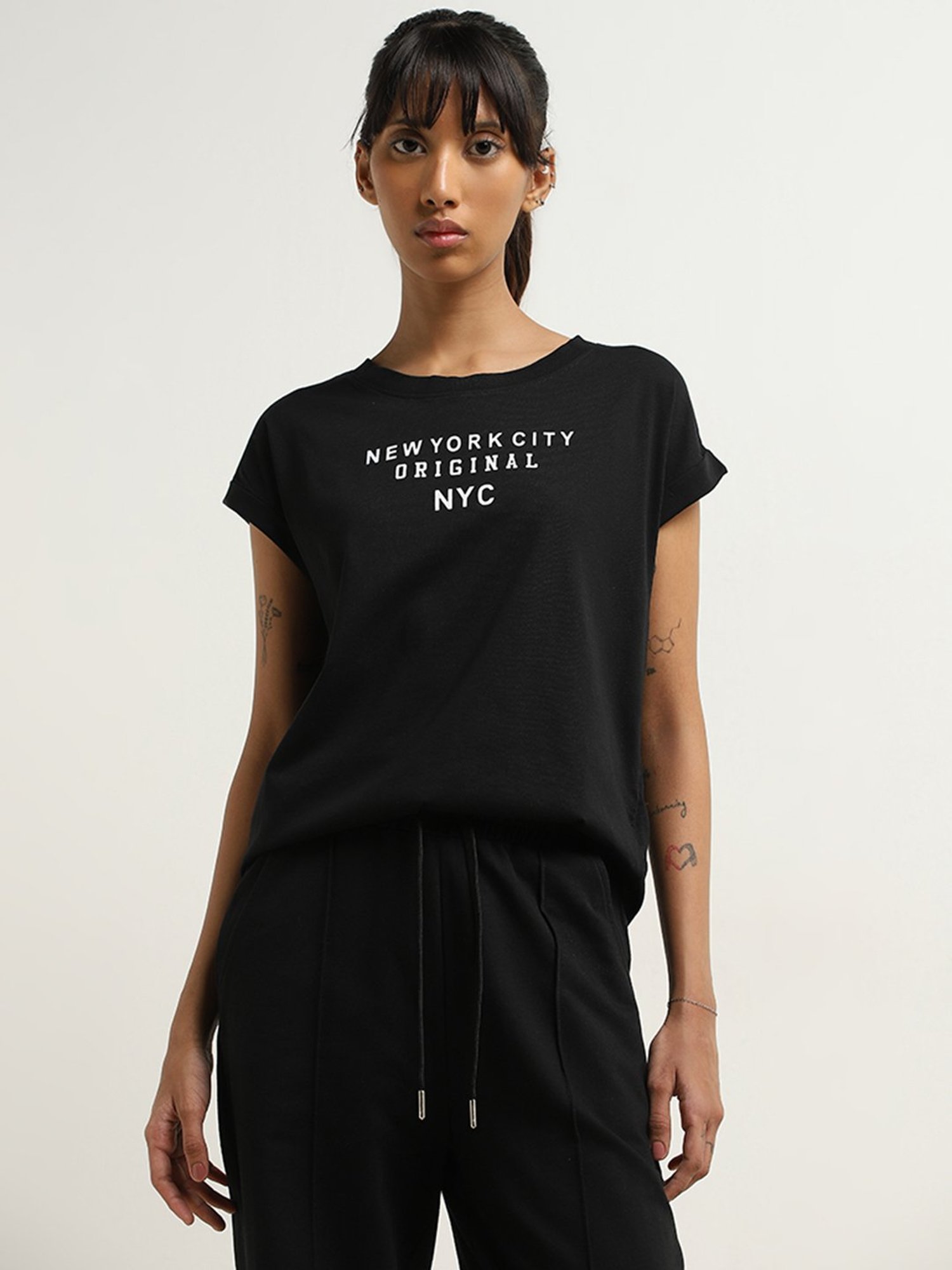 Studiofit by Westside Black Text Printed Cotton T-Shirt