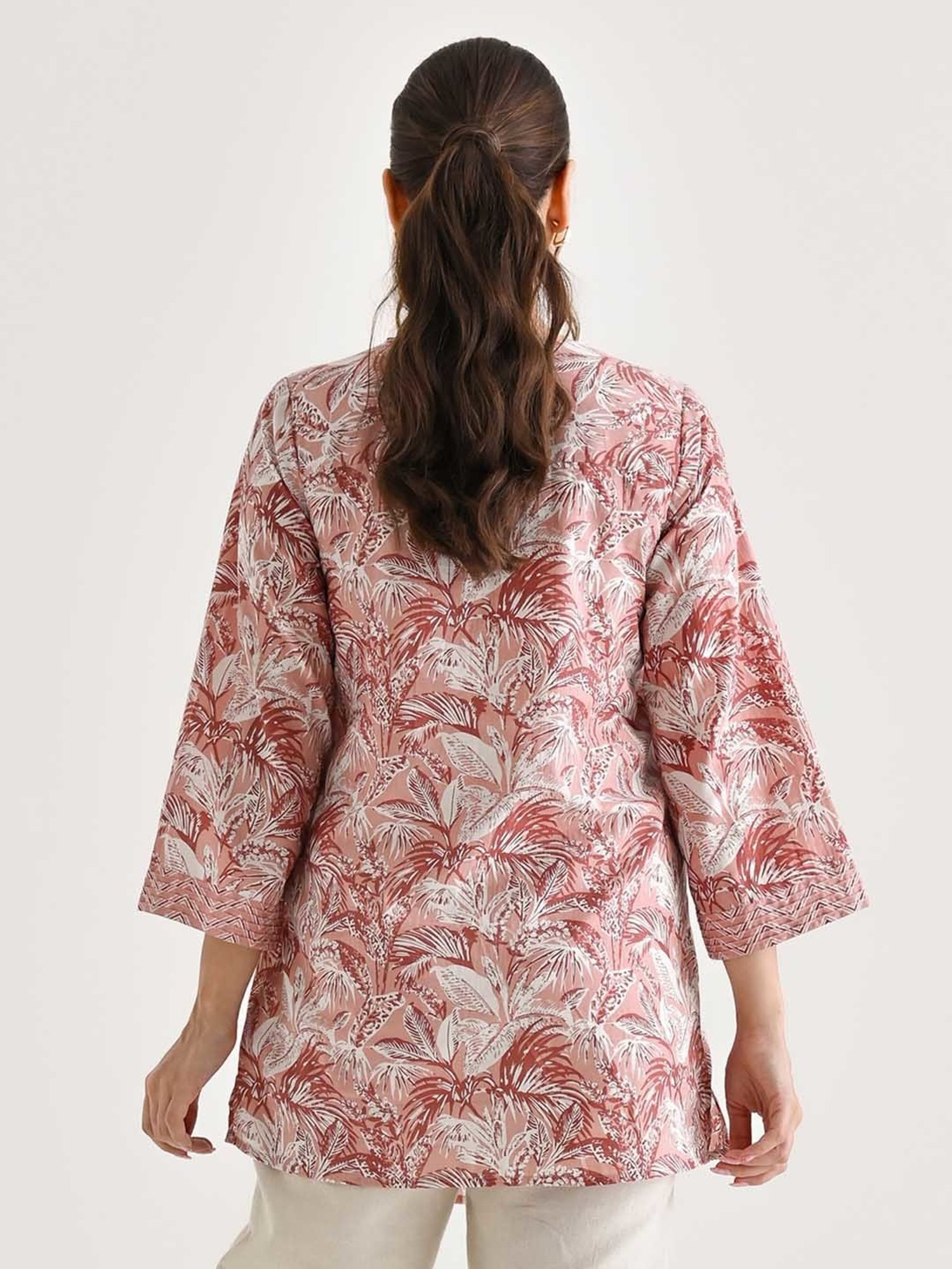 Rustorange Dusty Peach Cotton Printed A Line Short Kurti