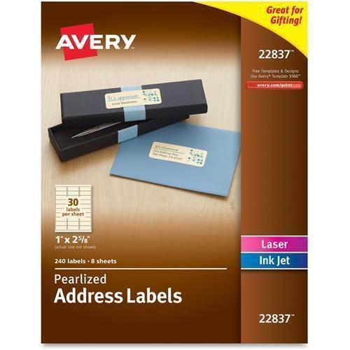 Avery Address Labels, Permanent Adhesive,  Pearlized, Ivory, 1" x 2-5/8", 240 Labels (22837)