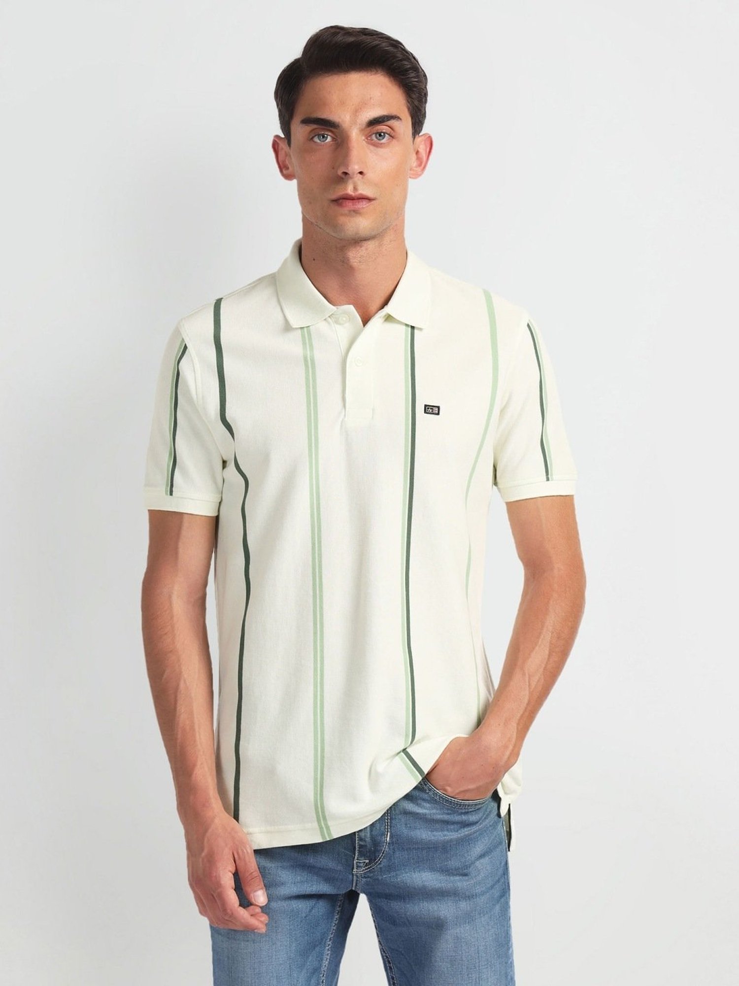 Arrow Sports Green Cotton Regular Fit Striped Polo T-Shirt