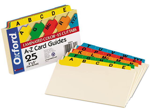 Oxford 03514 Laminated Index Card Guides, Alpha, 1/5 Tab, Manila, 3 x 5, 25/Set