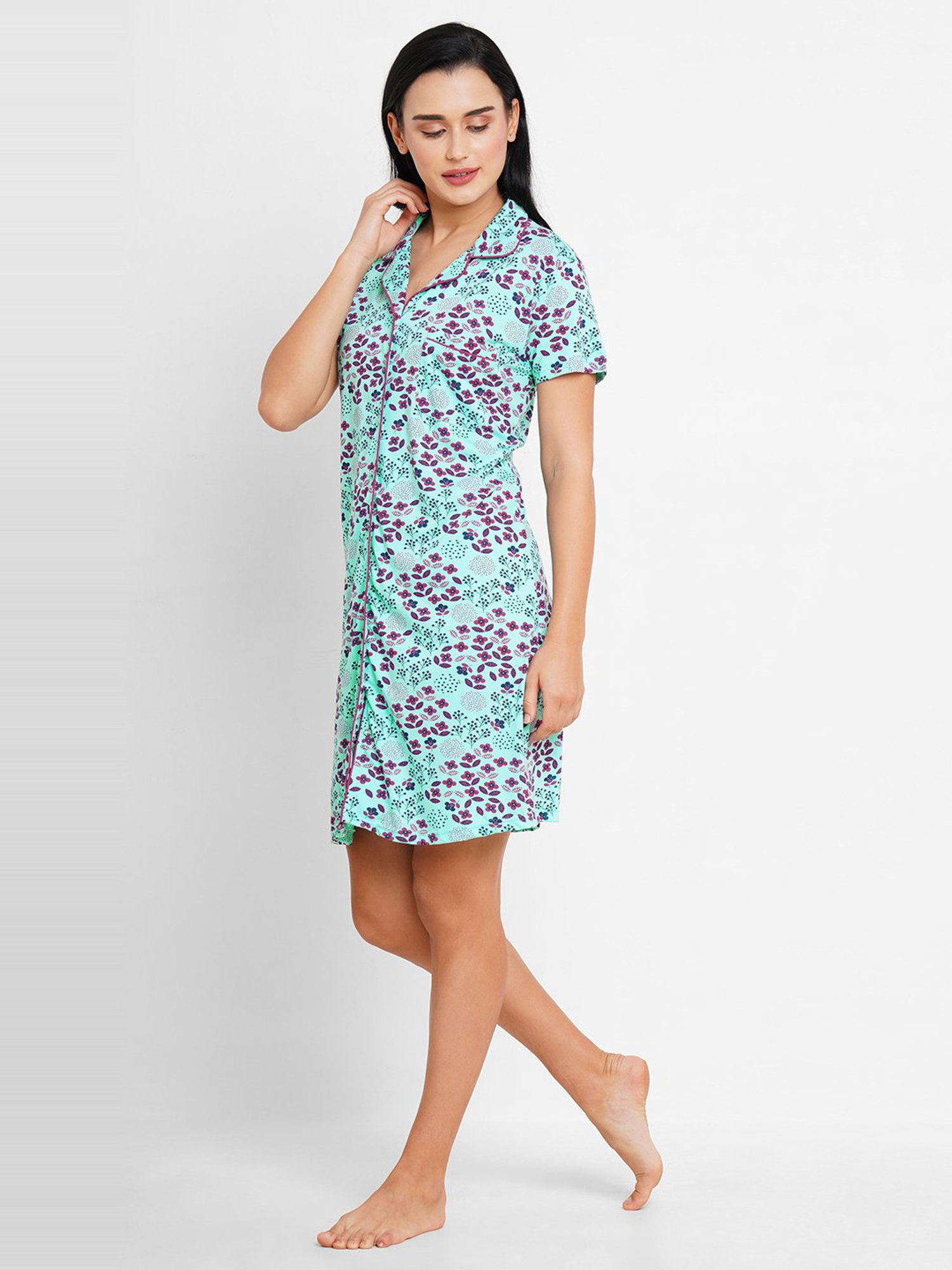 Inner Sense Blue Cotton Printed Night Shirt With Hairband