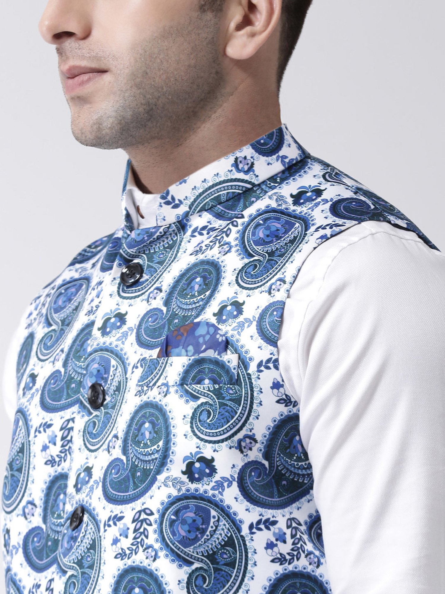 Hangup Plus White Regular Fit Printed Nehru Jacket