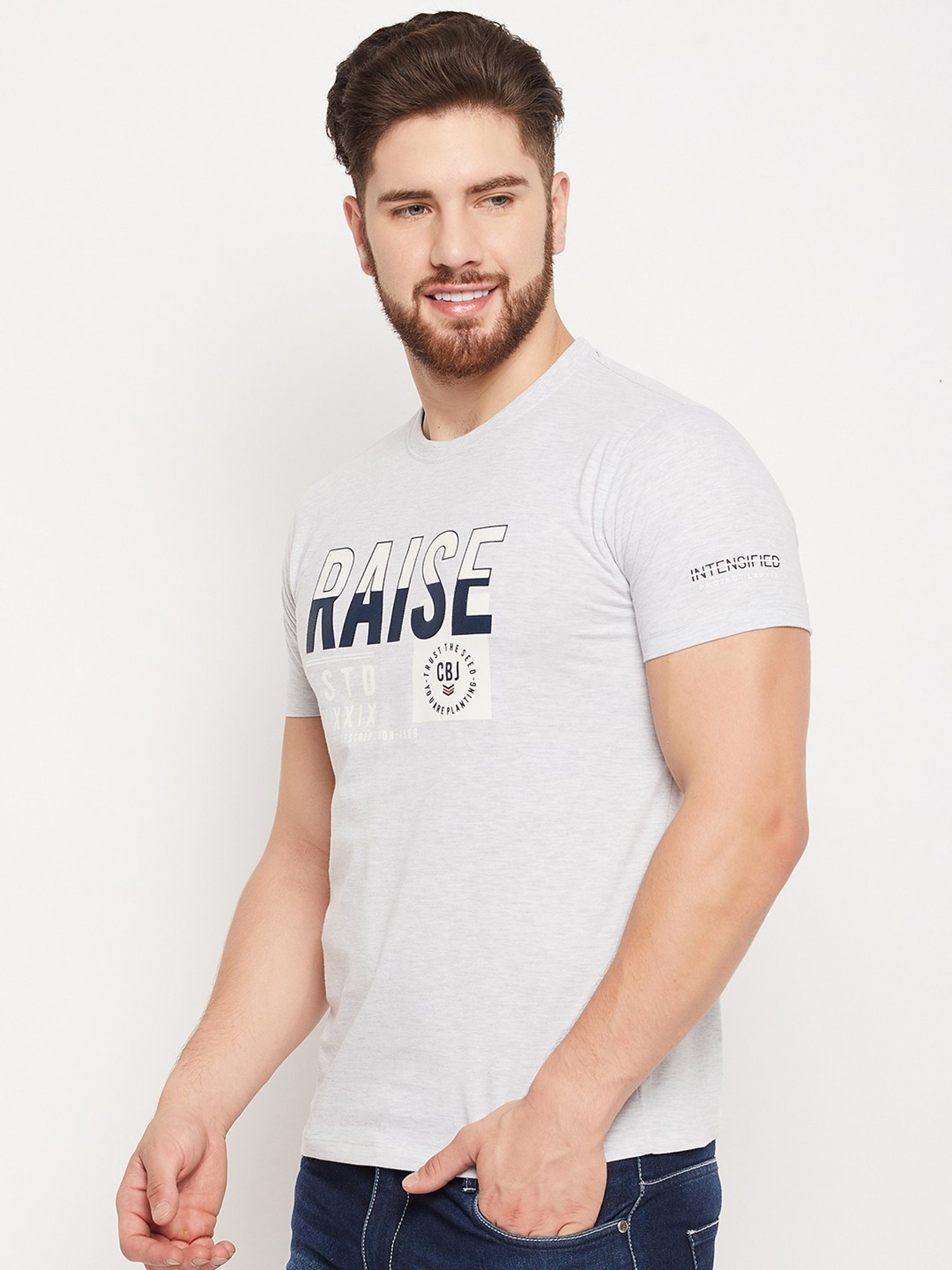 Cantabil Grey Regular Fit Printed T-Shirt