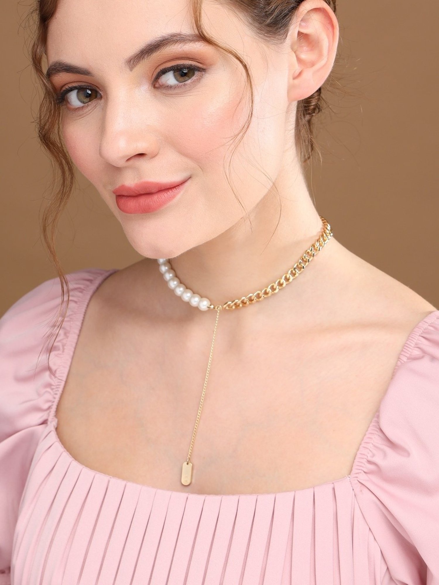 Prita by Priyaasi White Pearl Link Tag Drop Gold-Plated Necklace