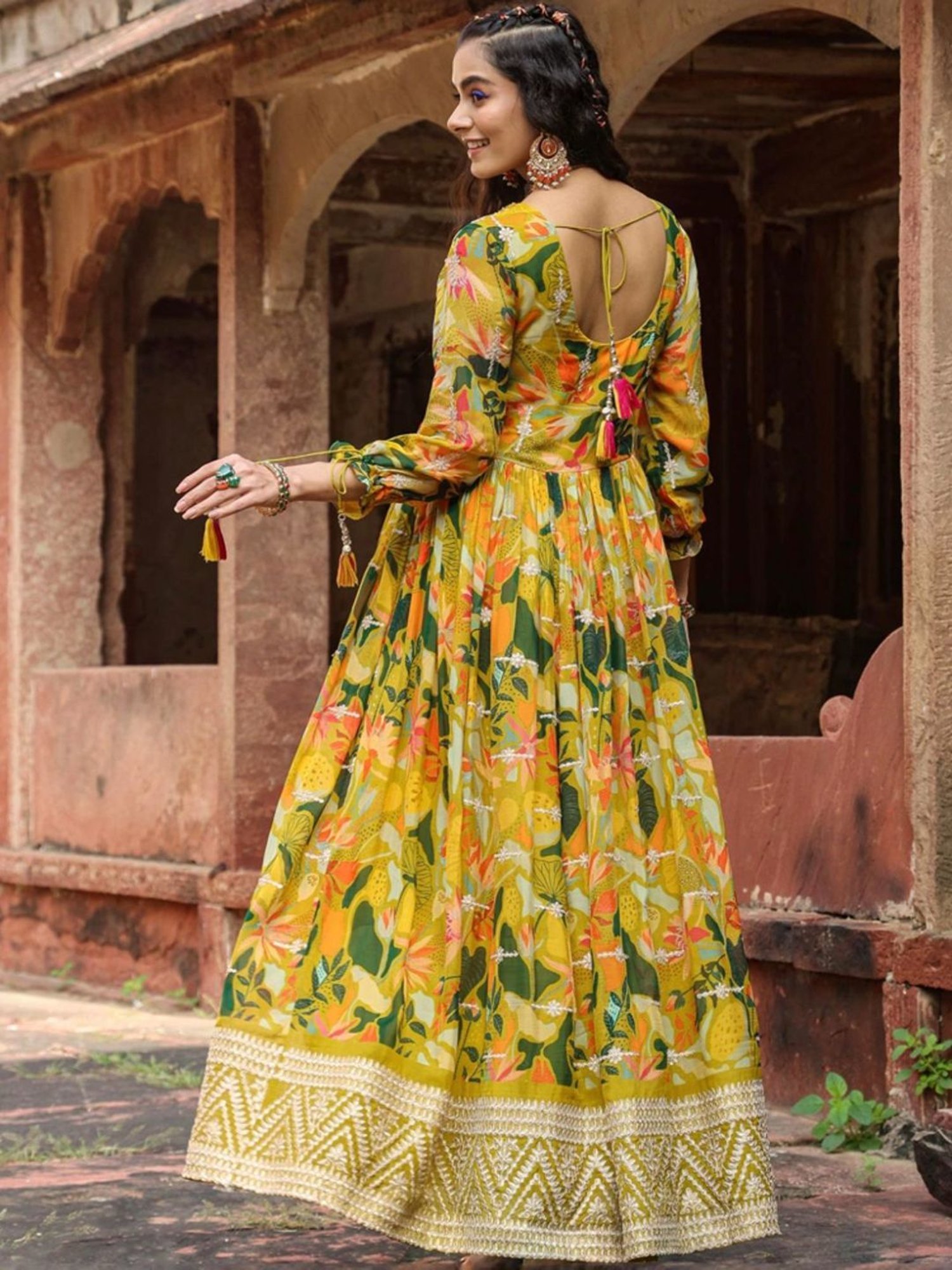 SCAKHI Lime Green Organza Floral Print & Gota Work Gathered Angrakha Gown