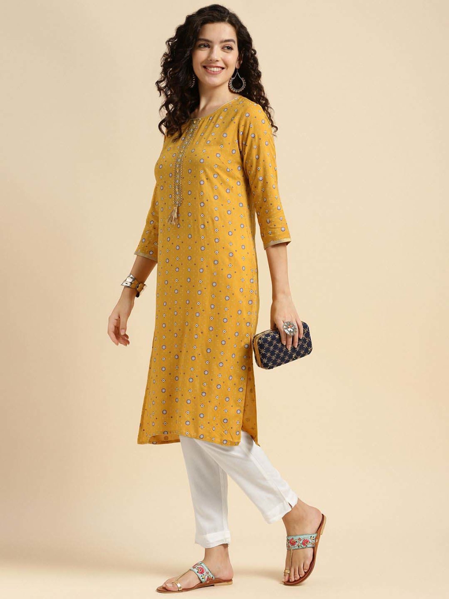 Rangita Yellow & White Printed Kurta Pant Set